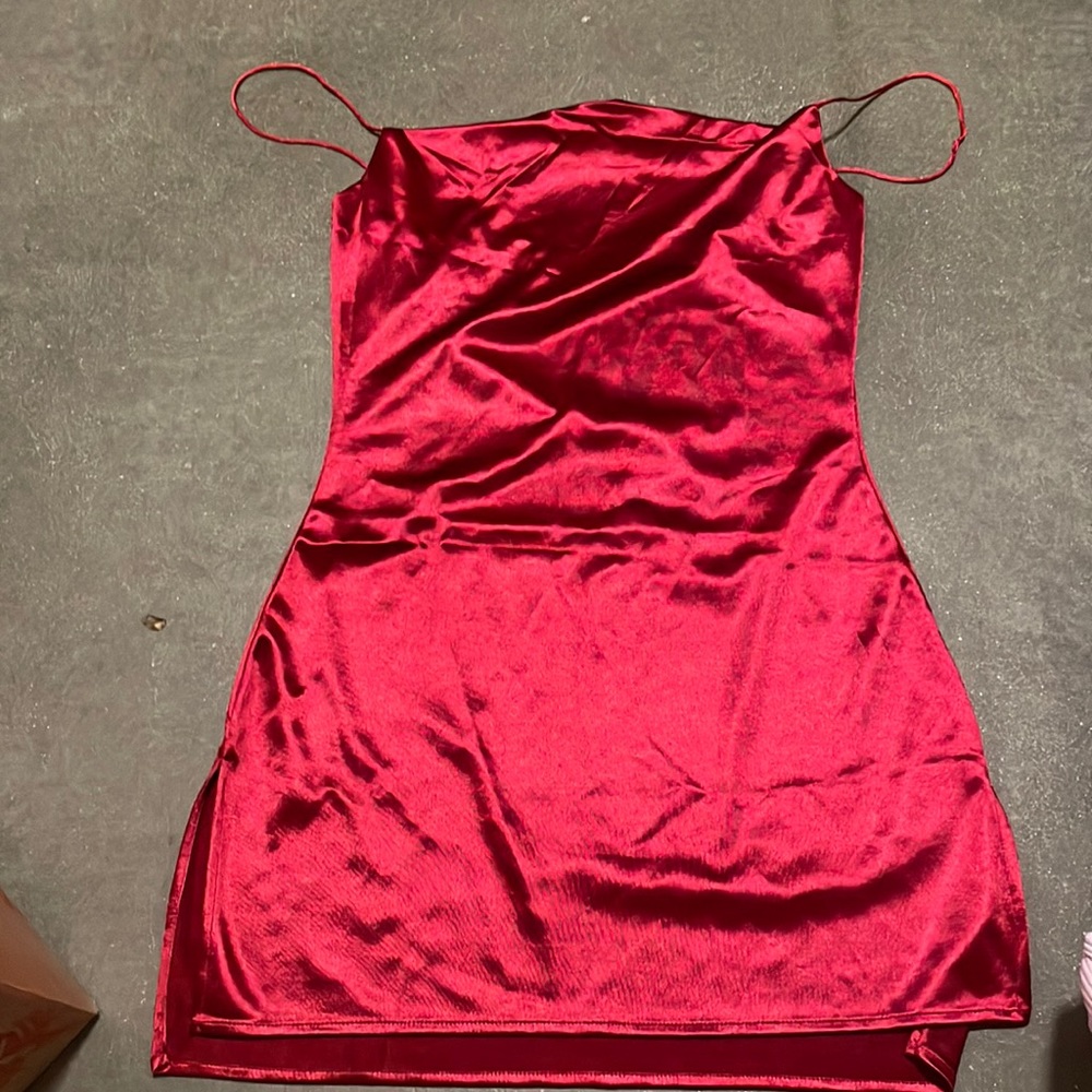red faux silk, body con, slip dress with a cowl neck size medium